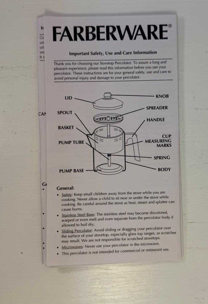 Firmware Stovetop Percolator, Complete Coffee Brewing Assembly
