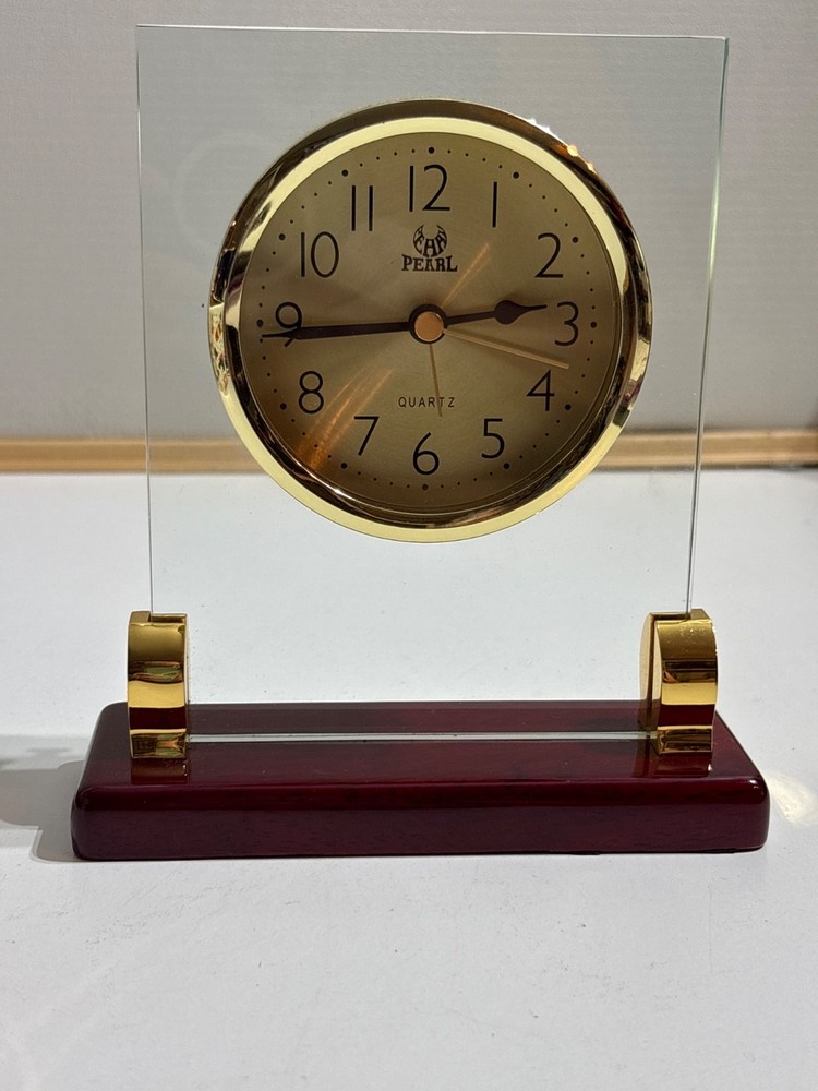 Quartz Glass Clock With Posts and Rectangular Rosewood Piano Finish Base