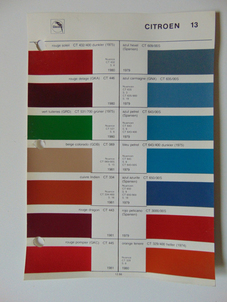 Original Glasurit Citroen Paint Chips Sheet - 1979-1981