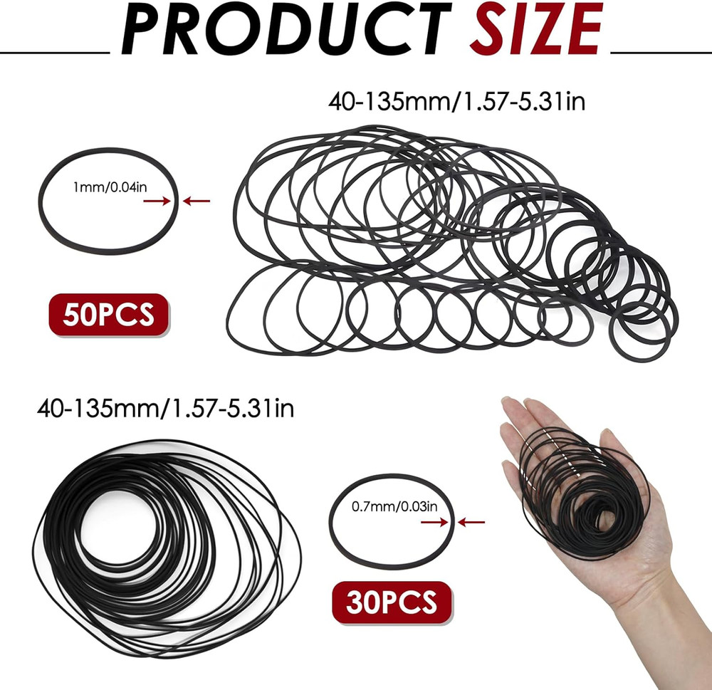 80 Pcs Cassette Player Belts Replacement Kit, Mixed Flat Rubber Belts for Record