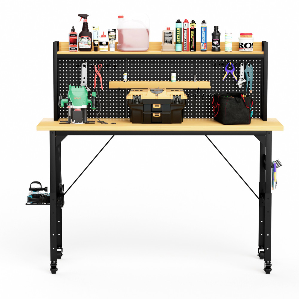 71''Adjustable Workbench with pegboard, Heavy Duty Wooden Desktop Workbench
