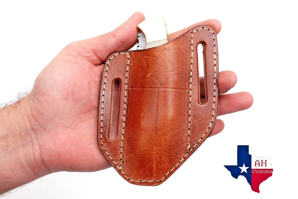 Brown LEATHER ENGRAVED PANCAKE Folding Blade Knife Belt Sheath Folding Tool Case