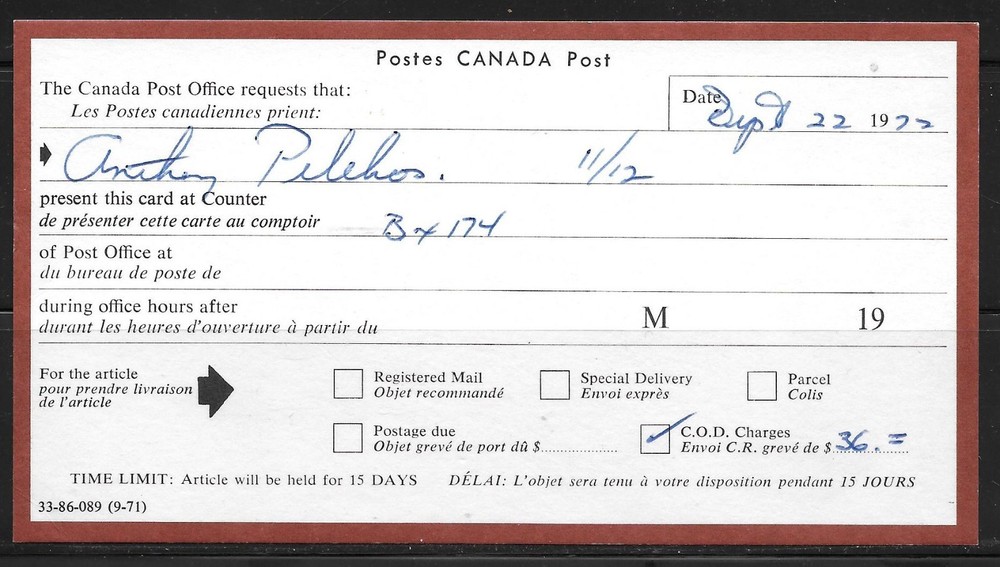 Canada Post 1972 Post Office Counter Pick-up Notification Card