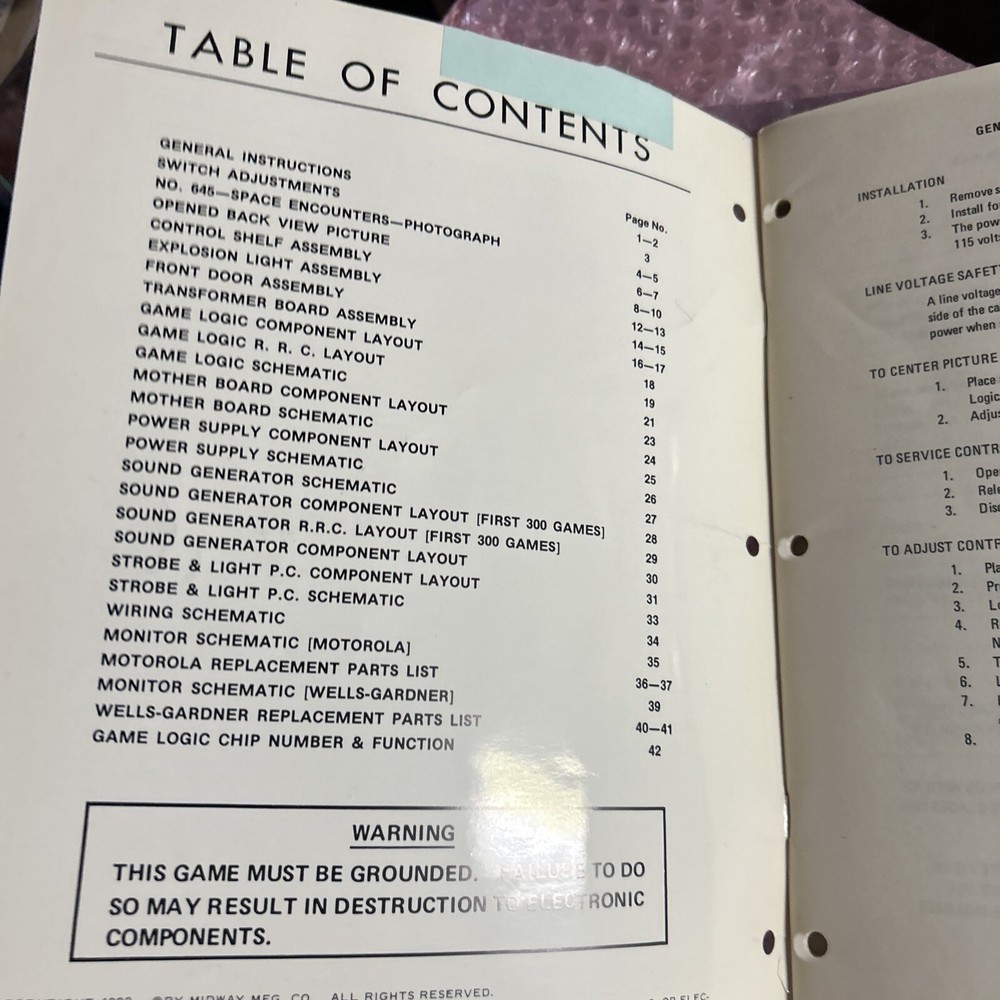 Original Space Encounters, Midway, Set, arcade video game manual