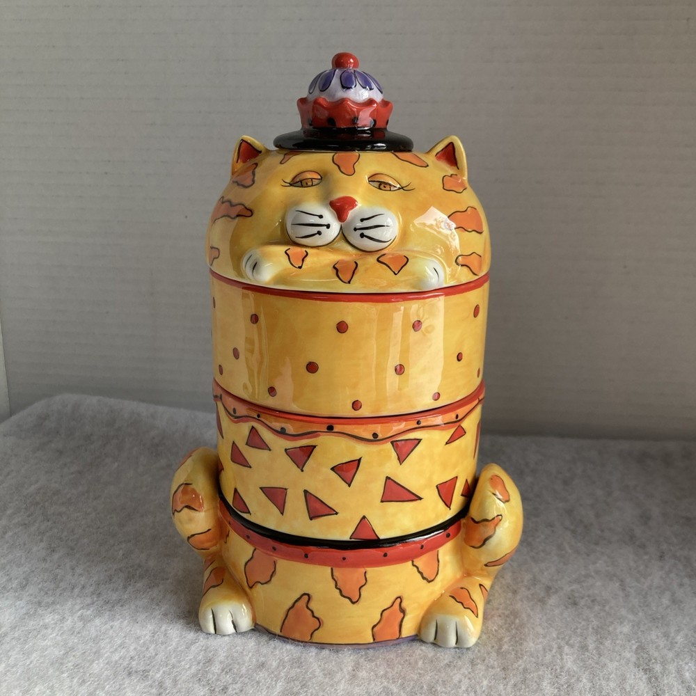 CM Redwine Folk Art Cat Ceramic Stackable spice bowls with lid
