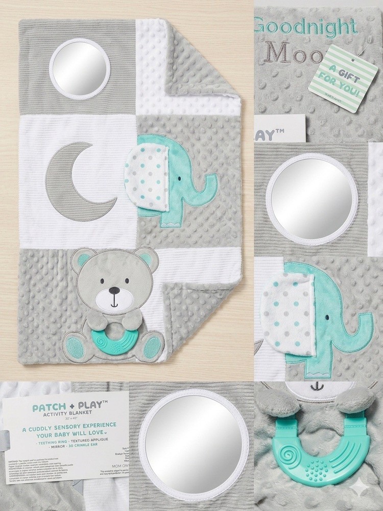 Patch + Play Sensory Activity Blanket 30x40 Bear Elephant Teething Ring