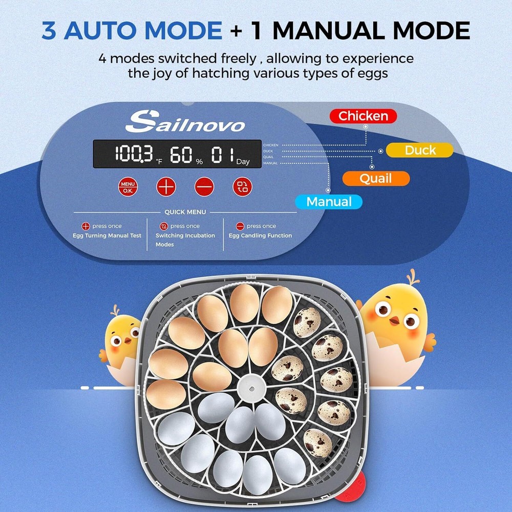 24 Eggs Incubators for Chicken Eggs w/4 Modes, 360° View, Automatic Egg Turning~