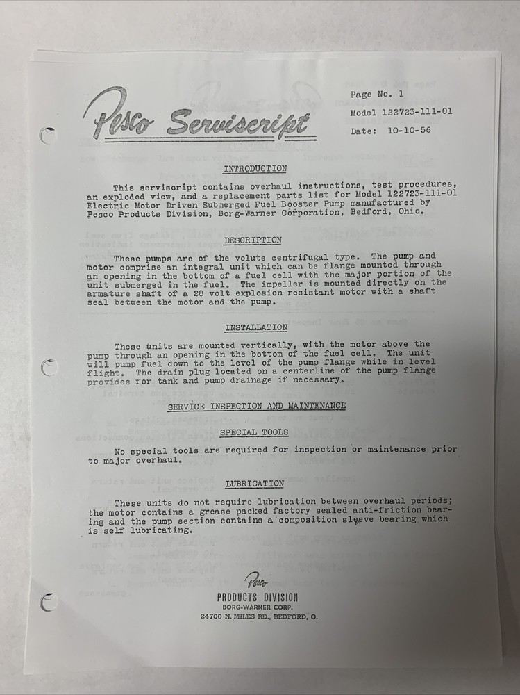 Pesco Servicescript Model 122723-111-01 Dated 10-10-56 - Copy