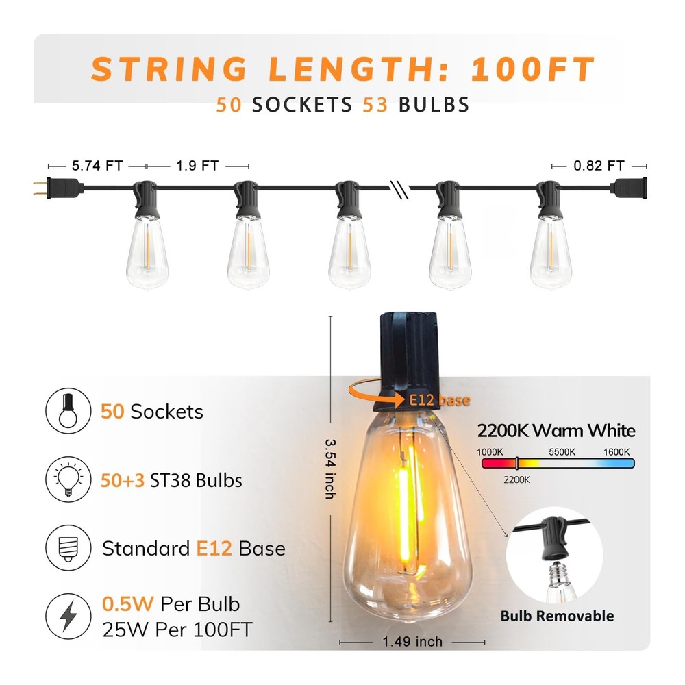 Achin 100FT Outdoor String Lights LED Dimmable Patio Lights String Waterproof...