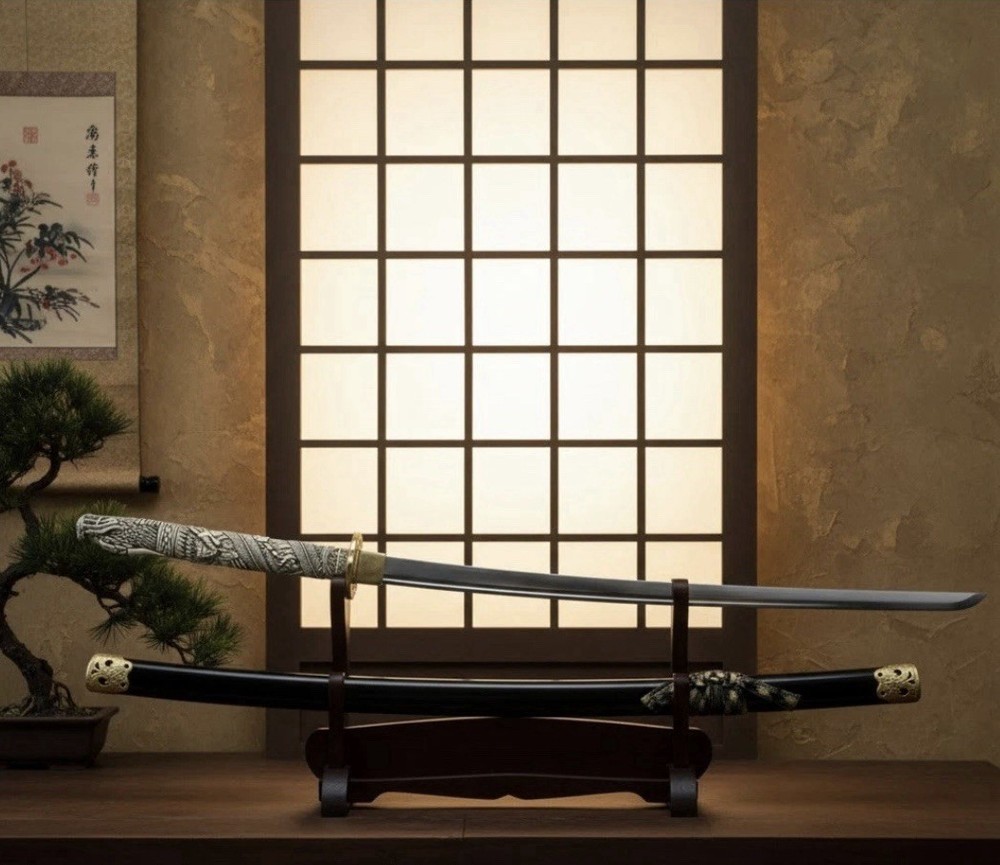 43" Dragon Handle Samurai Sword Decorative Katana Black Lacquer Scabbard Display