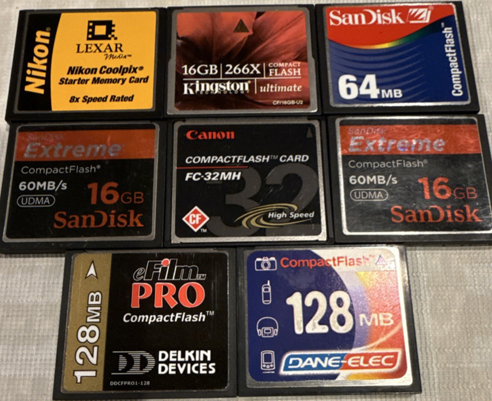 Lot of 8 compact flash cards, various sizes, untested.