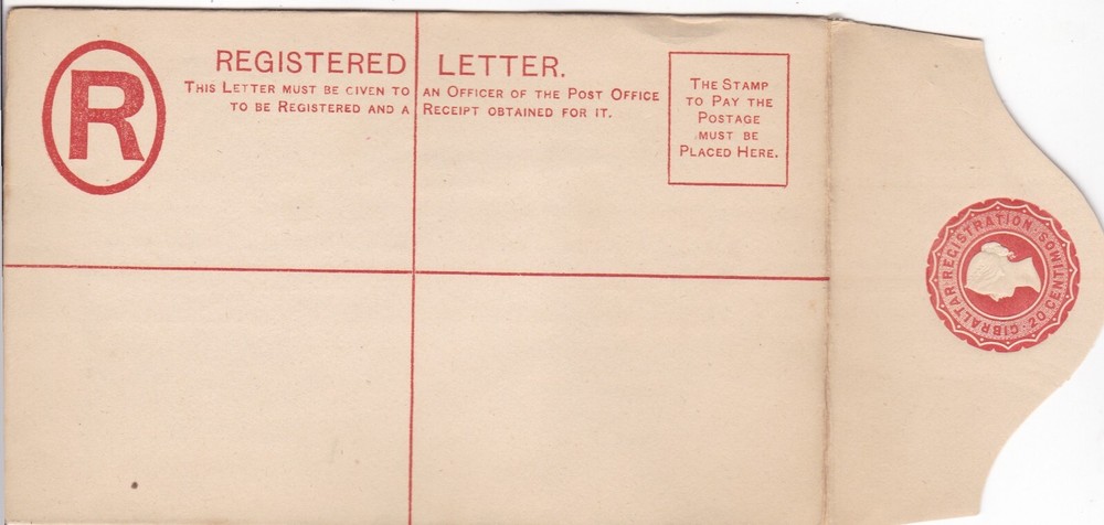 Gibraltar 1889 Unused Registered Envelope 20 Centimos Embossed Stamp