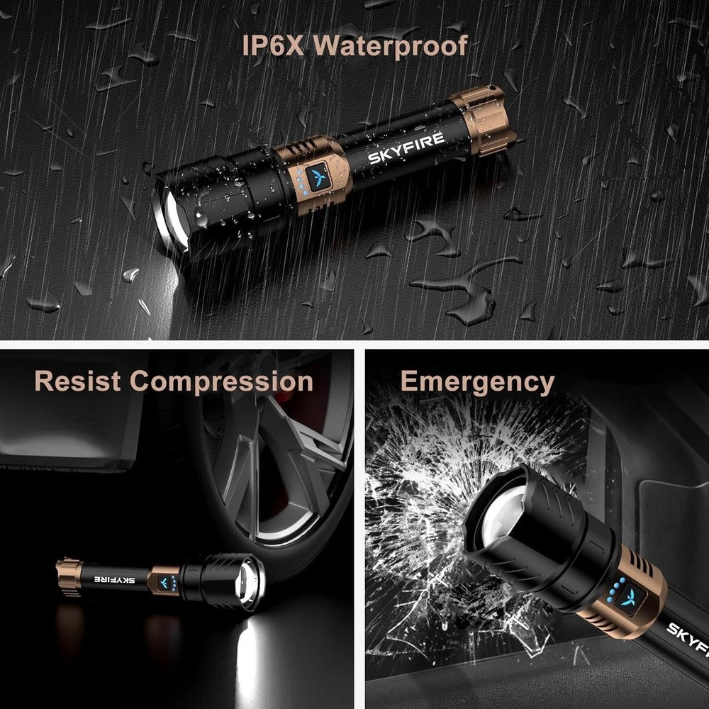 SKYFIRE Rechargeable Flashlight High Lumens, LED Flashlight with Ignition Len...