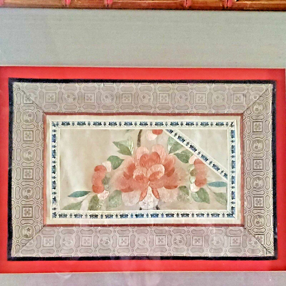 Chinese Silk Peony Hand Embroidered Framed Panel Square wShadow Box Effect 21x17