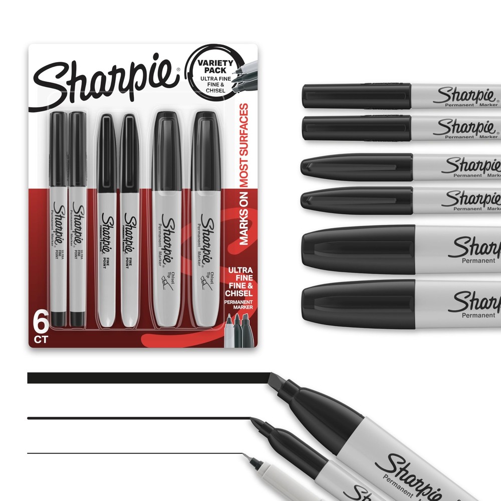 Sharpie Permanent Markers Variety Pack, Includes 6 Count (Pack of 1), Black
