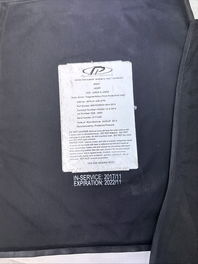 PPI Surplus Soft Ballistic MBAV Inserts Armor L/XL