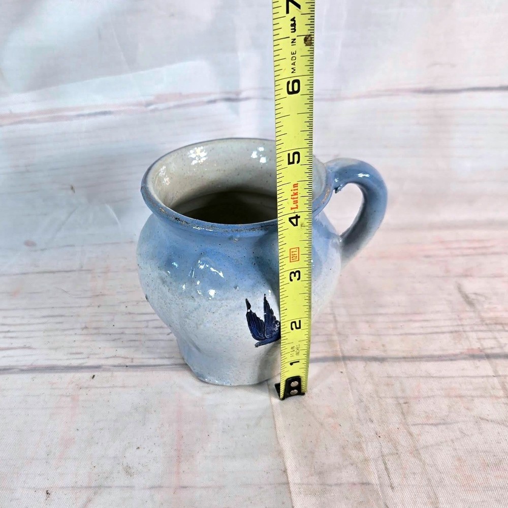 Vintage Blue White Ceramic Mug Small Pitcher Bird Design Handle