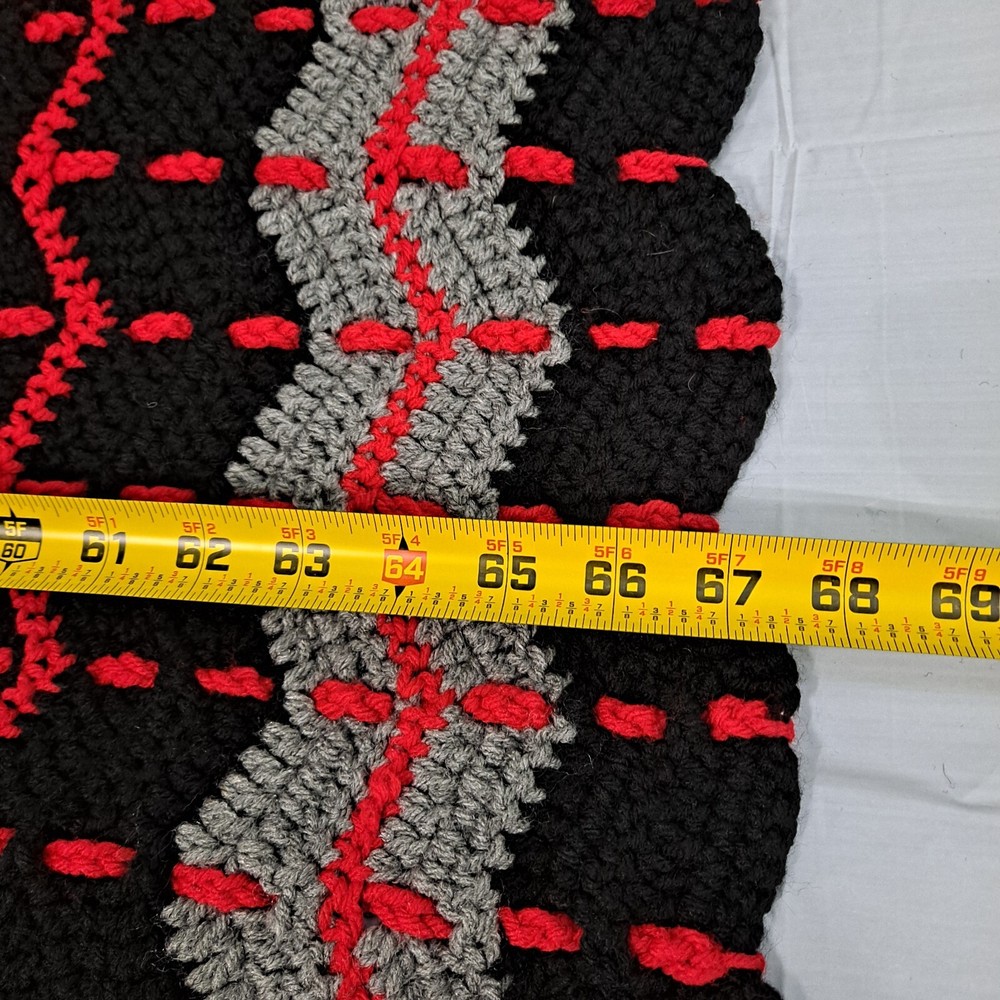 Afghan Blanket Red Black Grey Crocheted Bed Throw 48" x 67"