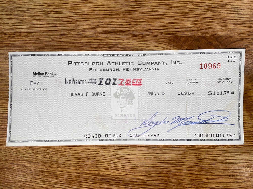 1978 Pittsburgh Pirates SIGNED Check: Thomas F. Burke