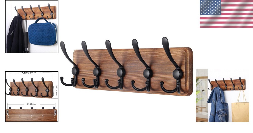 Rustic Wall Mounted Coat Rack - 5 Heavy Duty Hooks for Elegant Storage
