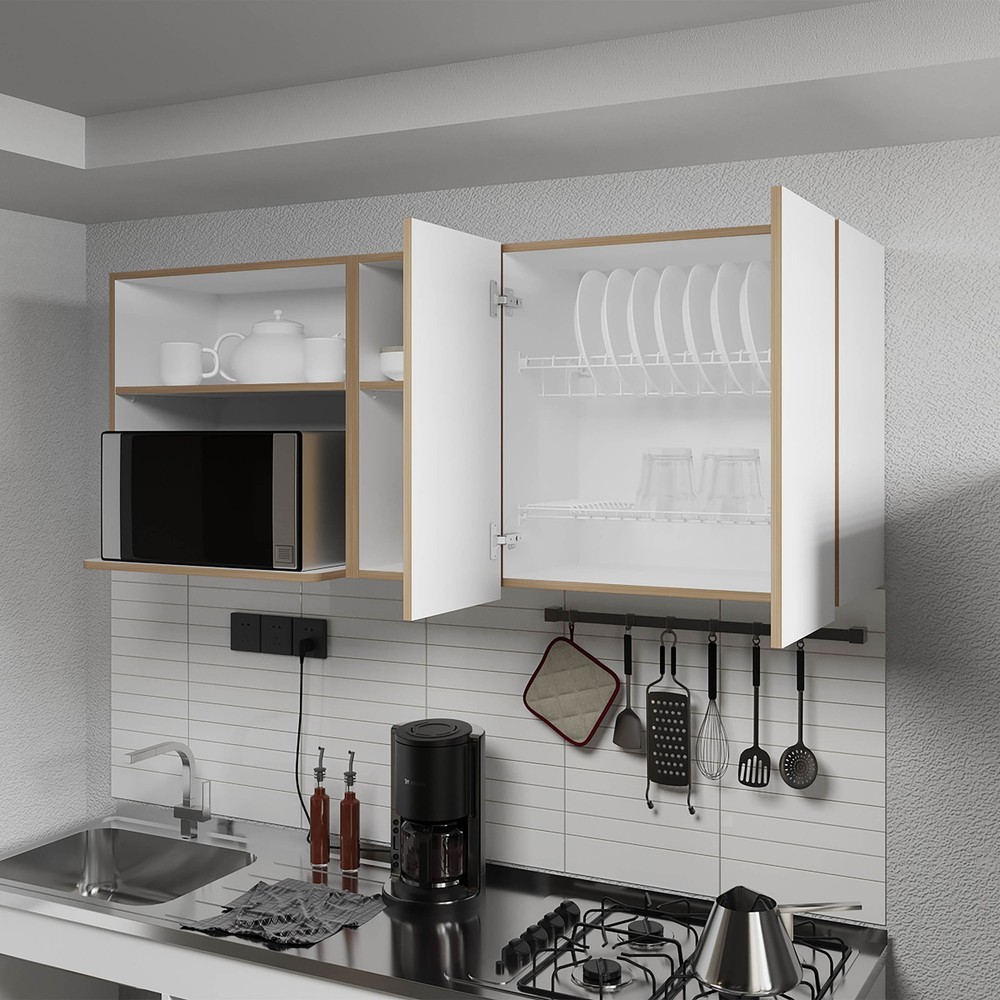 Wall-Mounted Kitchen Cabinet with Microwave Space, Open Shelves, and Double Do