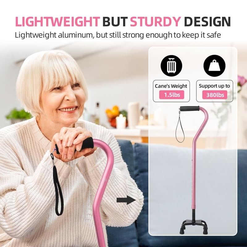 BeneCane Quad Cane Adjustable Walking with Offset Soft 10 Size, pink