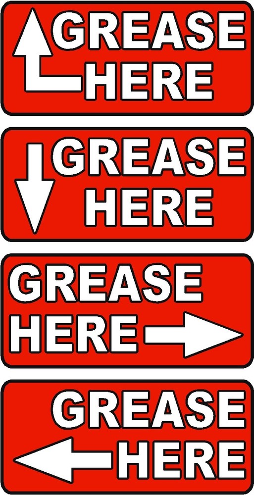 GREASE HERE (ARROW) Label sticker decals - 20 decals per package - Red or Yellow