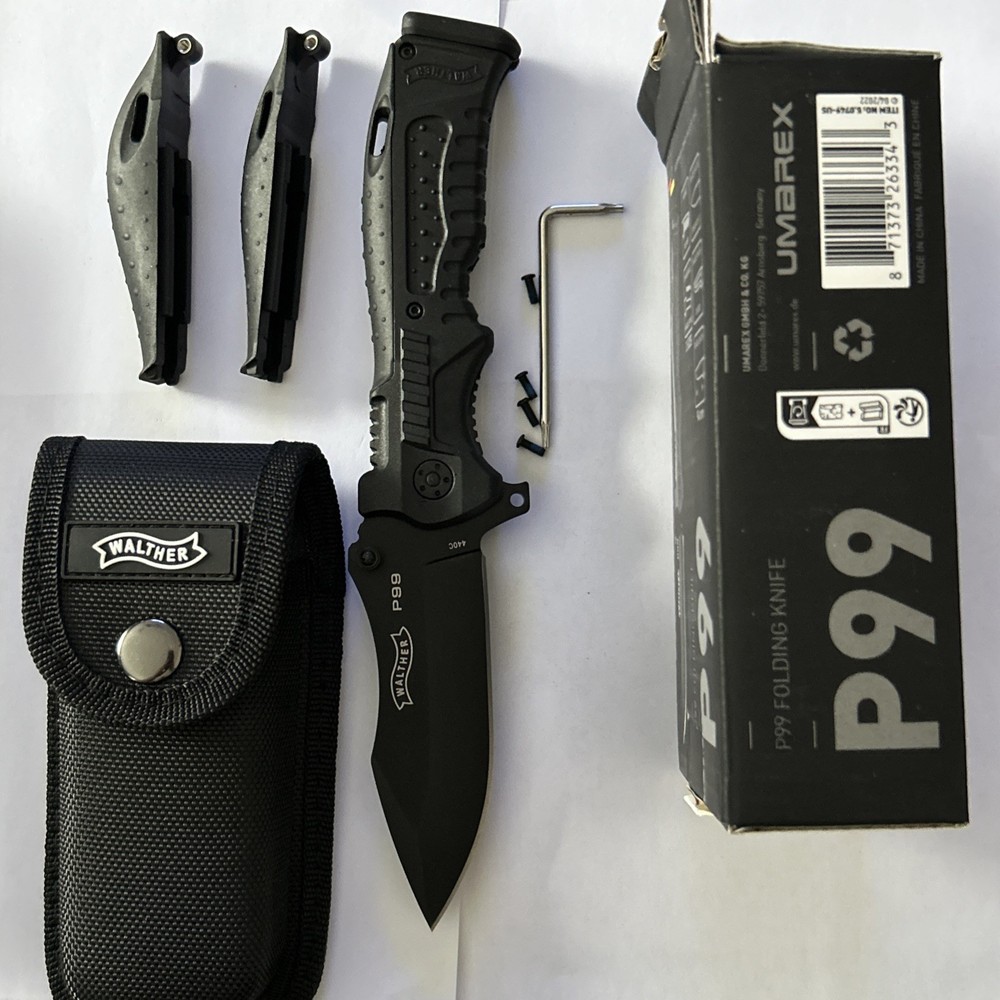 Walther P99 Black Linerlock Pocket Knife 3 Changeable Handle Backs