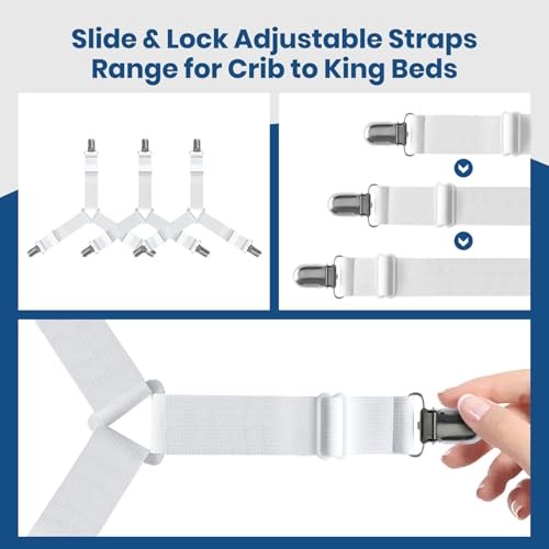 4 PCS Bed Sheet Straps – Adjustable Corner Clips to Keep 4 Pcs (Triangle) White