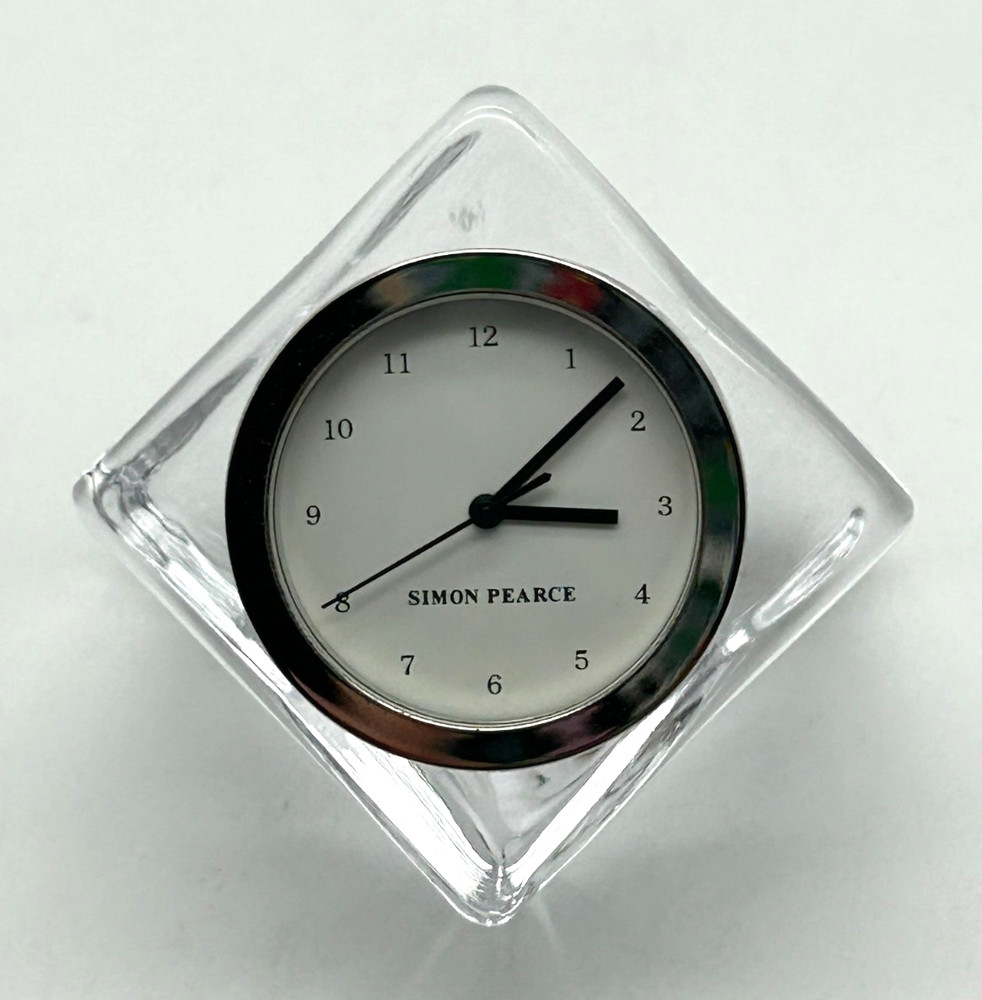 Simon Pearce Clear Glass Small Angled Cube Desk Clock ~ 2" Tall ~ Signed