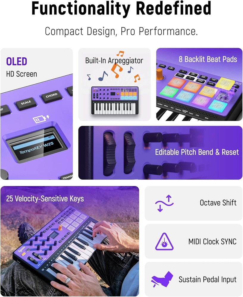 Synido USB C Rechargeable MIDI Controller Keyboard 25 Keys Wireless TempoKEY W25