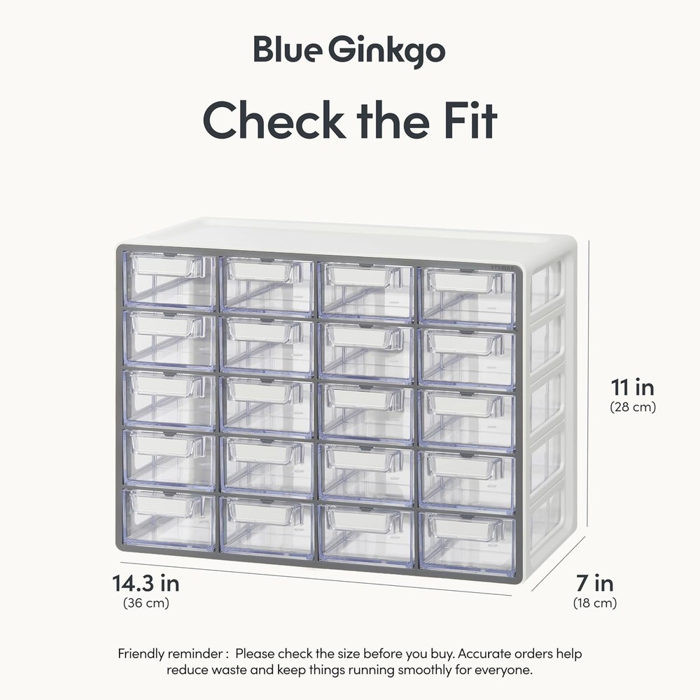 Blue Ginkgo Small 20-Drawer Chestnut –Stackable Transparent Storage Cabinet,Grey