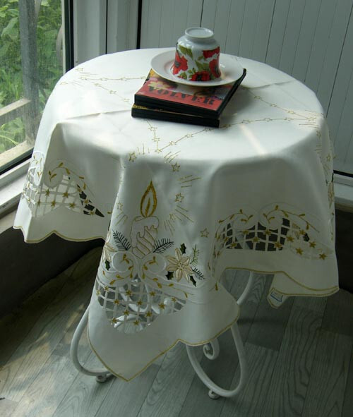 Gorgerous Ivory Embroidered Polyester Square Tablecloth Xmas 33" Cutwork