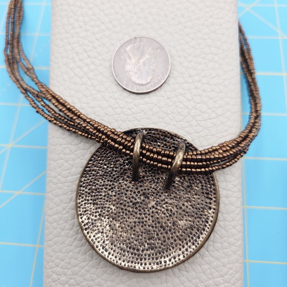 Multi Strand Copper Bead Necklace Round Medallion Pendant Statement Boho
