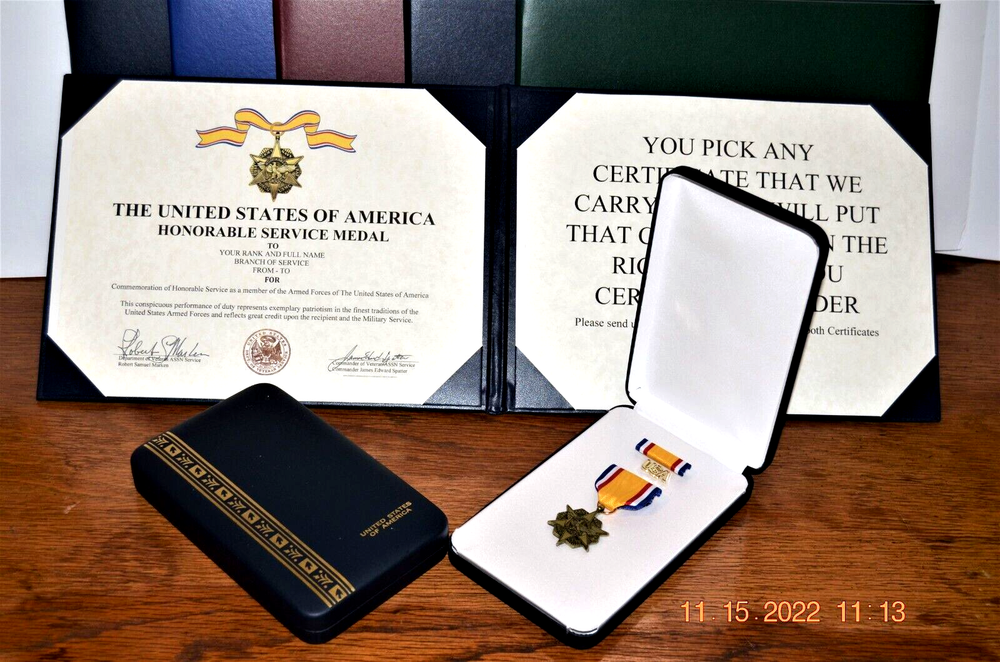 Honorable Service Medal and Certificate in Case with Certificate Folder