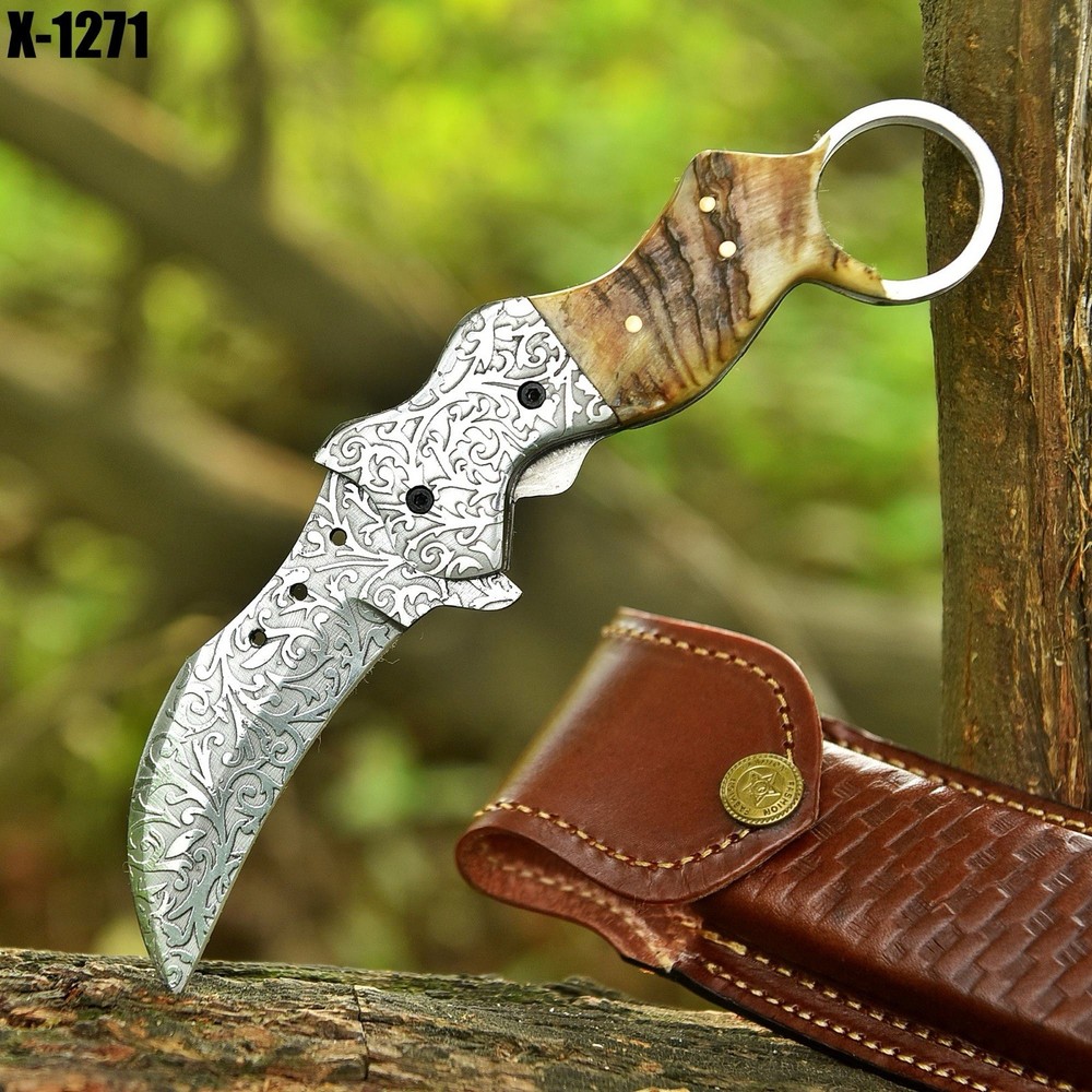 Damascus Folding Karambit Blade Pocket Knife Case -Original Camel Bone Handle