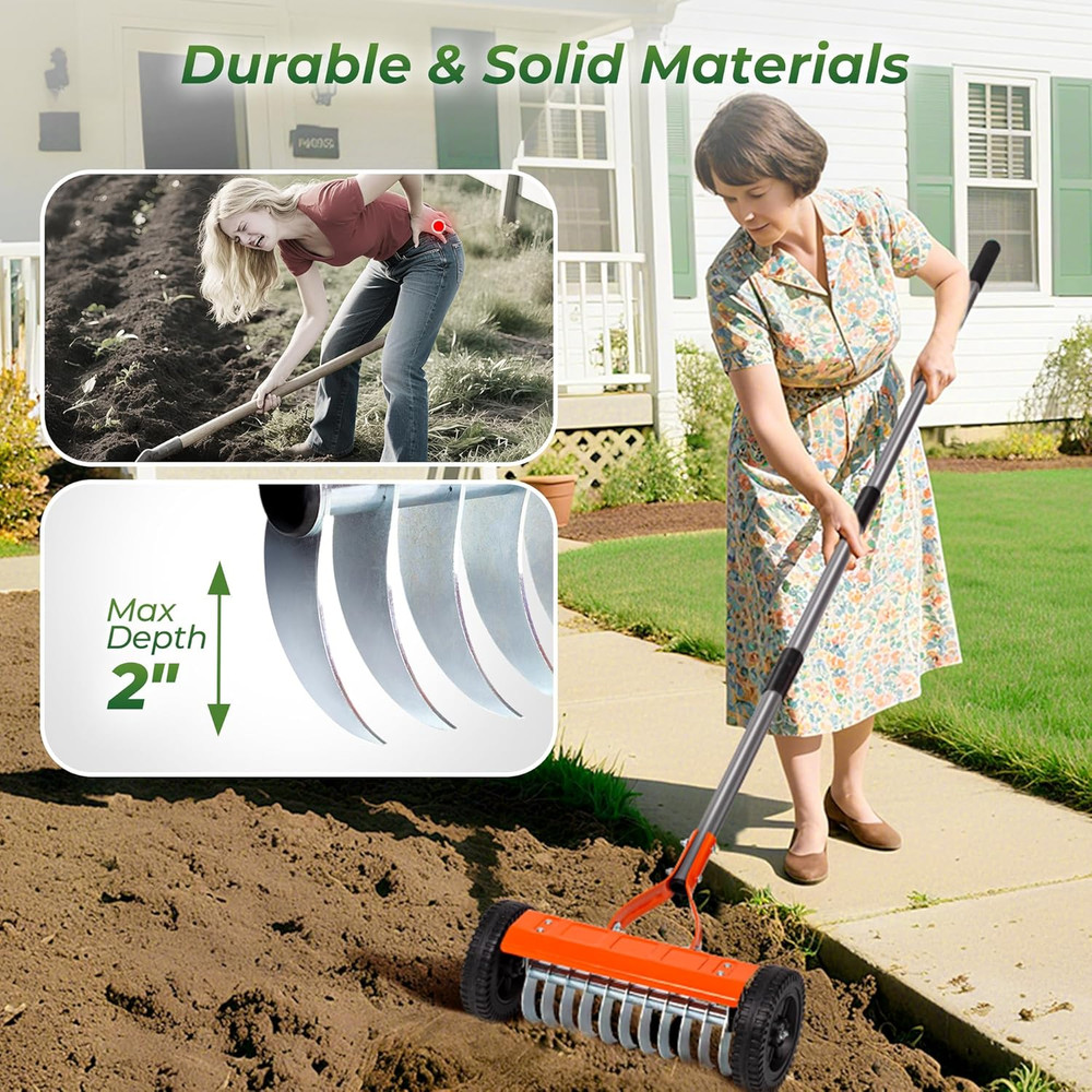 Dethatching Roller Rake with 76.8'' Adjustable Handle, 2Mm Stainless Steel Blade