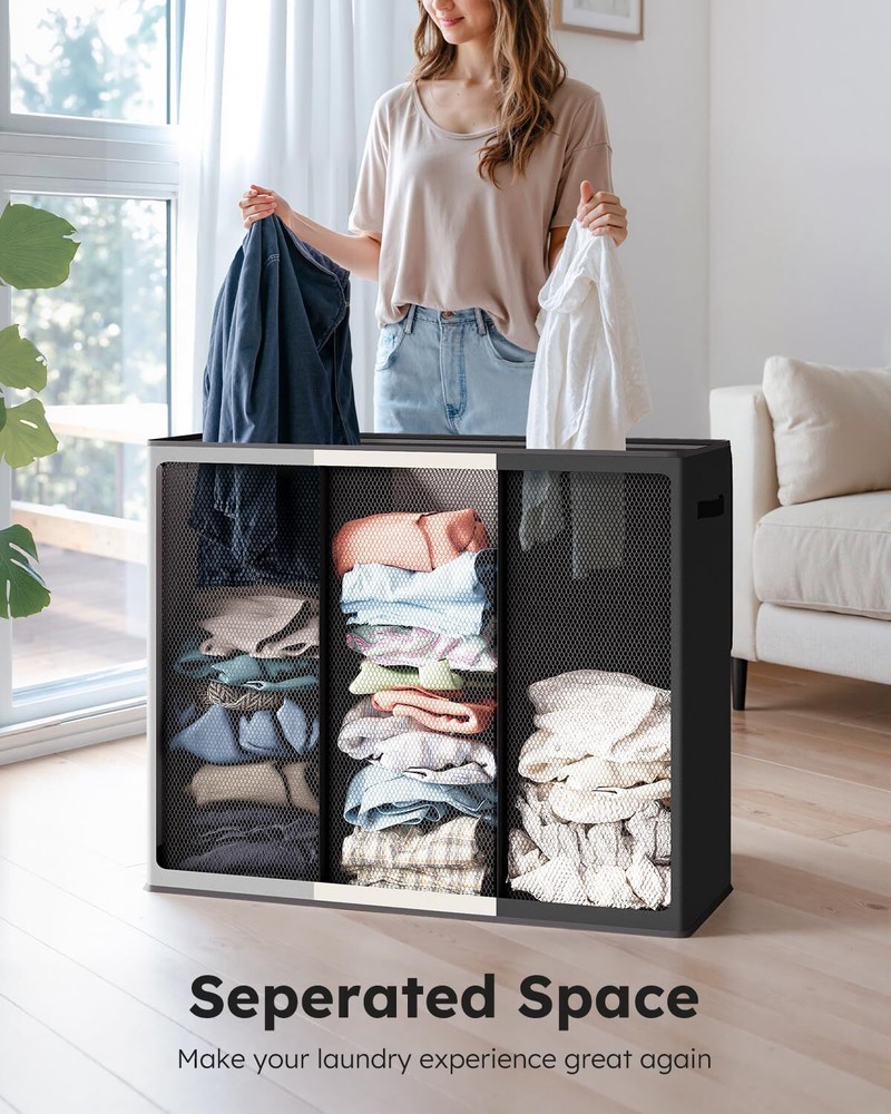 Laundry Hamper 3 Section with Lid and 3 Pcs Laundry Bag, Compartment 180L