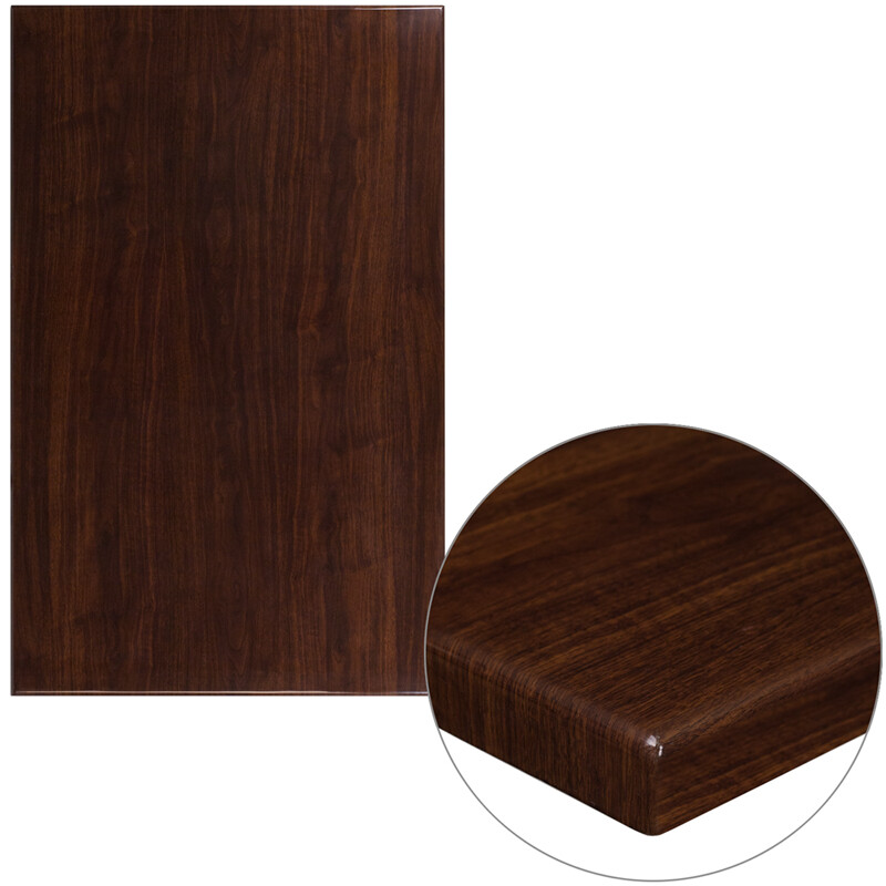 30" x 48" Rectangular Resin Restaurant Table Top in High-Gloss Walnut Finish