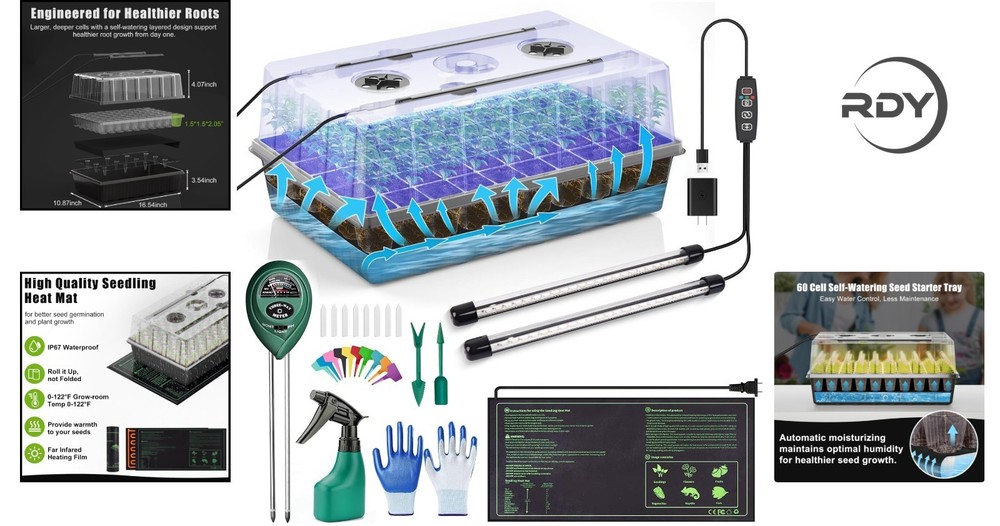 60-Cell Seed Starter Kit with Auto Timer, Grow Lights & Humidity Domes