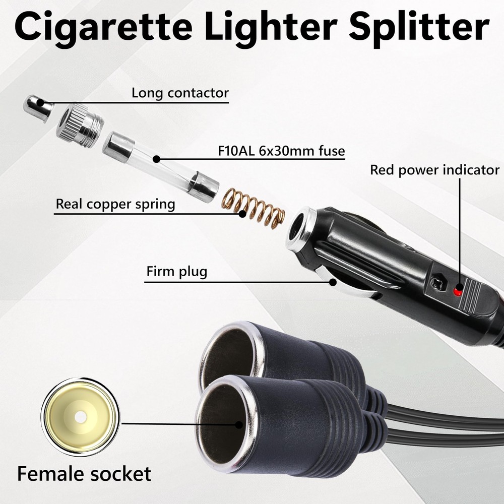 12V Double Cigarette Lighter Adapter, 1 to 2 Car Lighters 1 PC