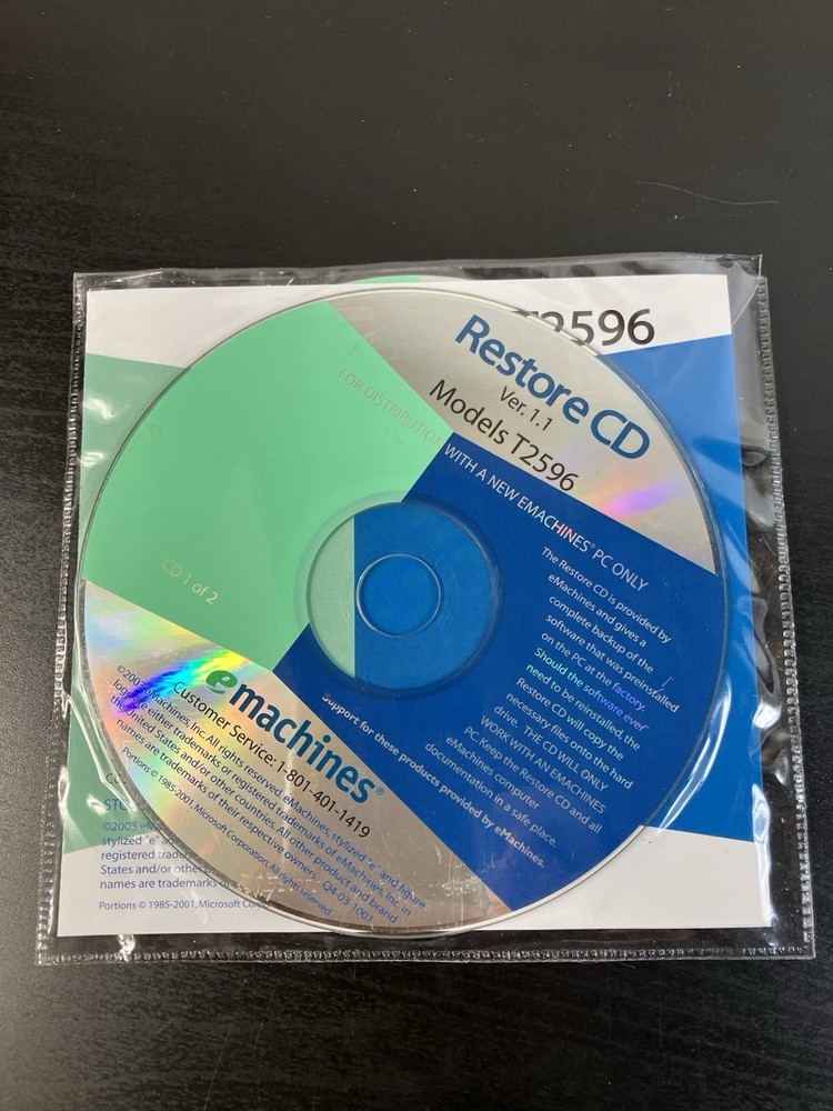 eMachines Restore CD Version 1.1 Models T2596 - 2 Disc Set for Desktop PC