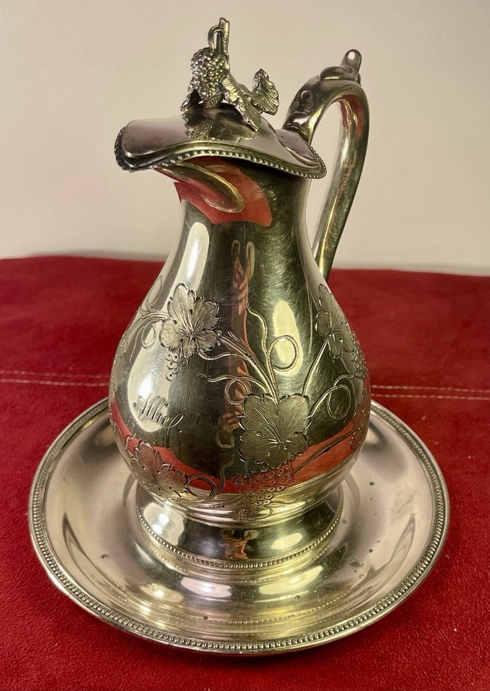 Silver Pitcherr & Saucer Aesthetic Movement - Engraved Grape & Leaf Design
