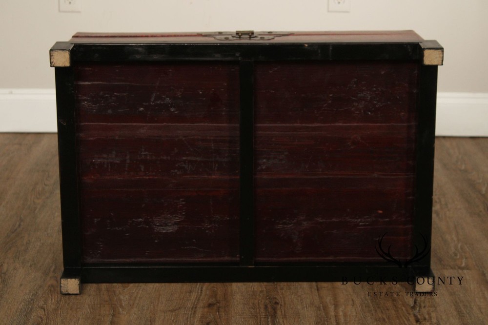Red Lacquered Trunk With Brass Hardware On Custom Black Stand, Coffee Table