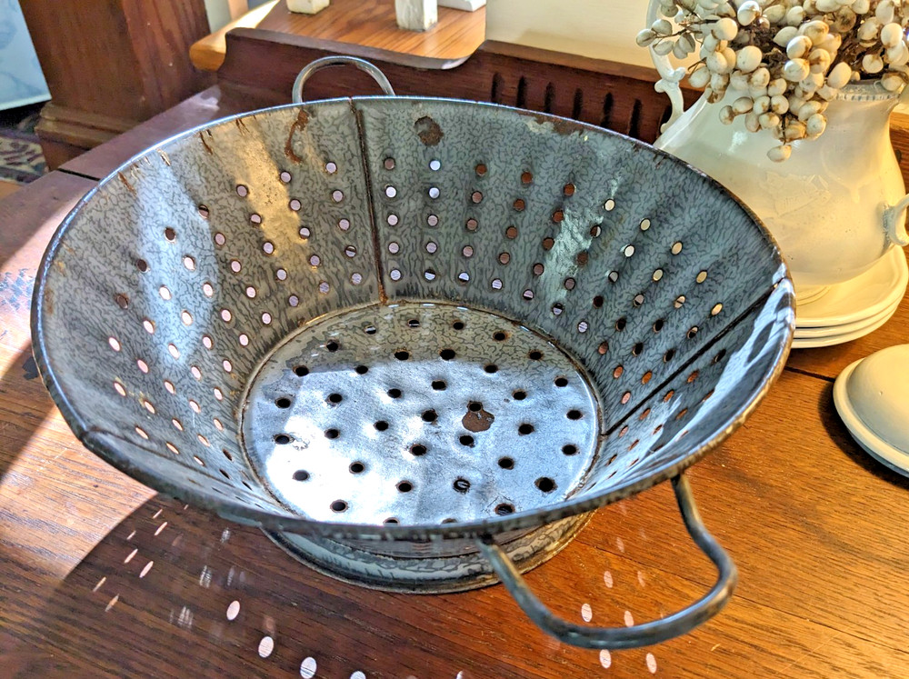 Antique Graniteware Colander Enamelware Strainer Rustic Primitive Farmhouse
