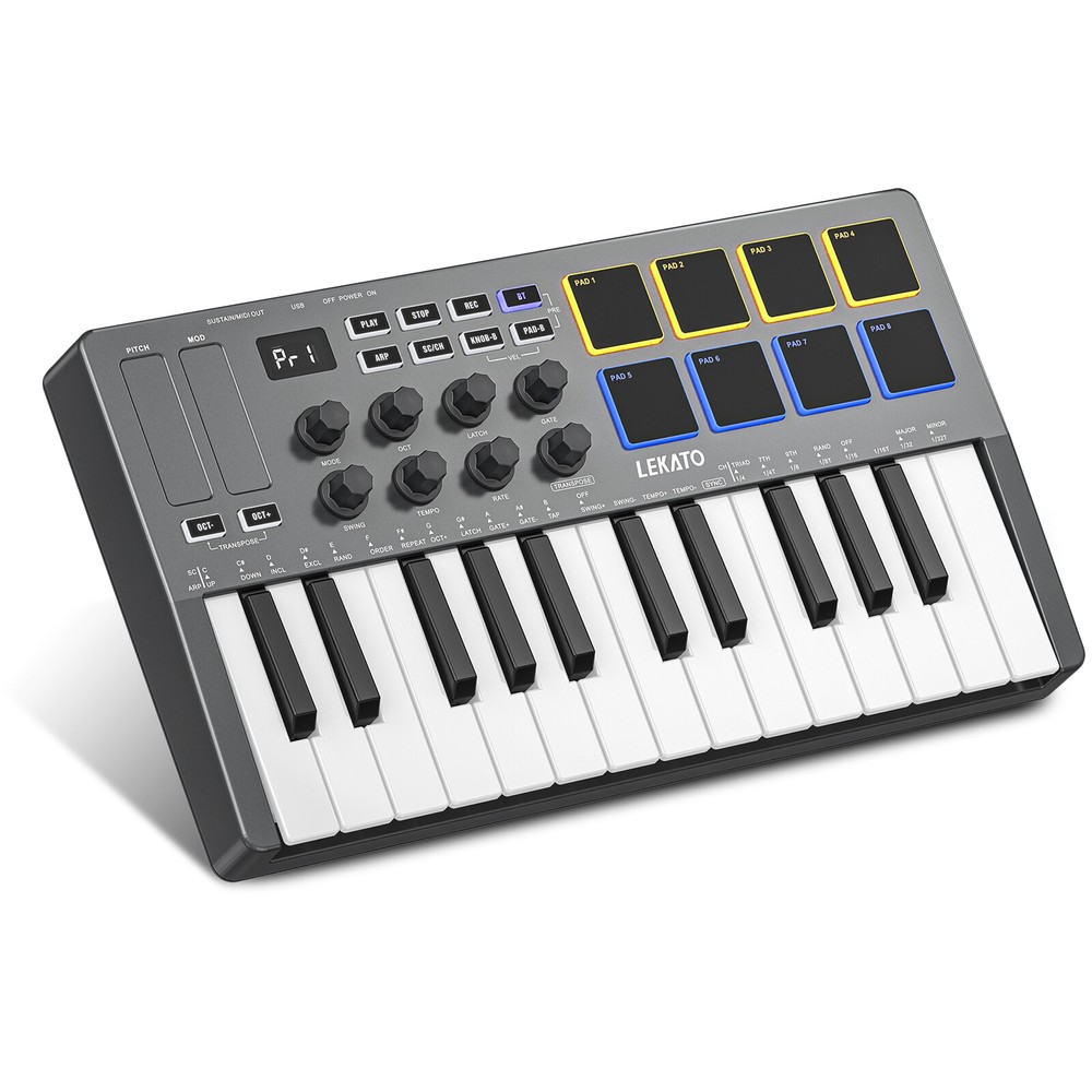 LEKATO 25 Keys Mini bluetooth MIDI 8 Backlit Drum USB MIDI Keyboard Controller