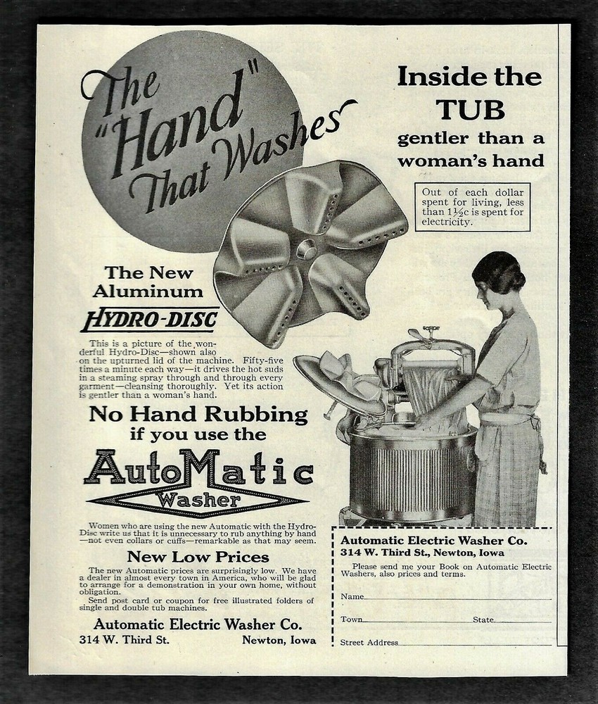 1925 AUTOMATIC ELECTRIC WASHING MACHINE AD ~ THE "HAND" THAT WASHES ~ HYDRO-DISC