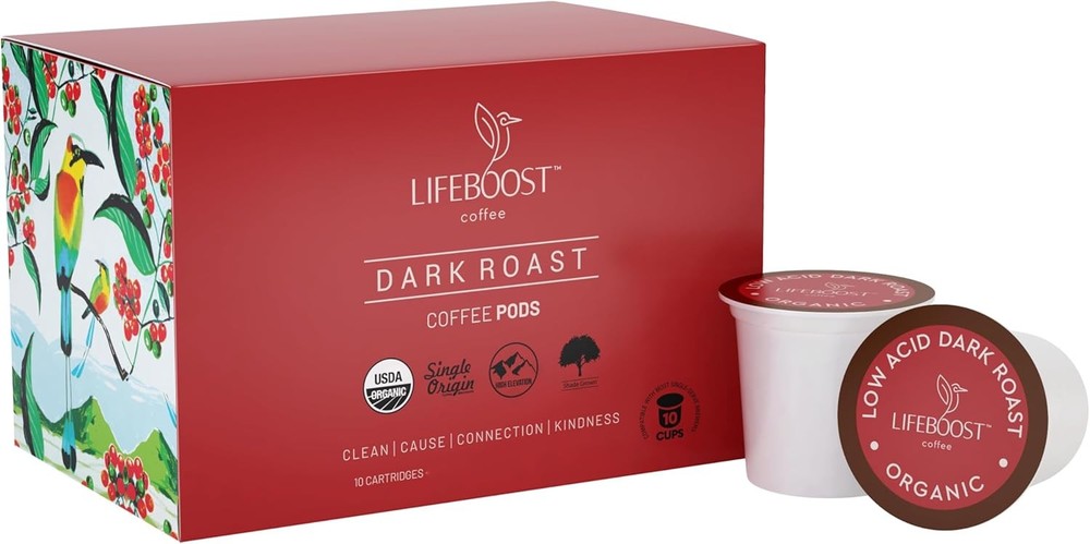 Lifeboost Dark Roast Low Acid Coffee K Cups - Single Origin  Free