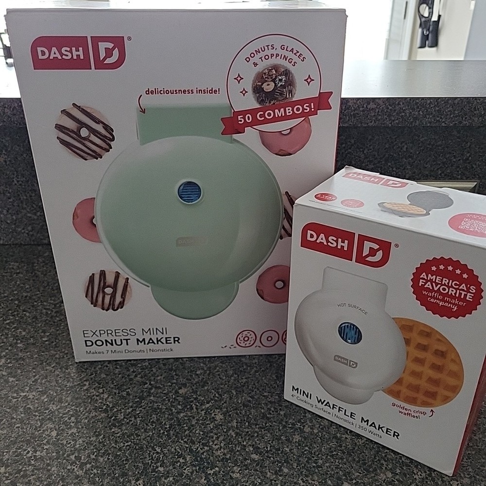 Bundle! DASH Express Mini Donut Maker AND Mini Waffle Maker Nonstick Press Type