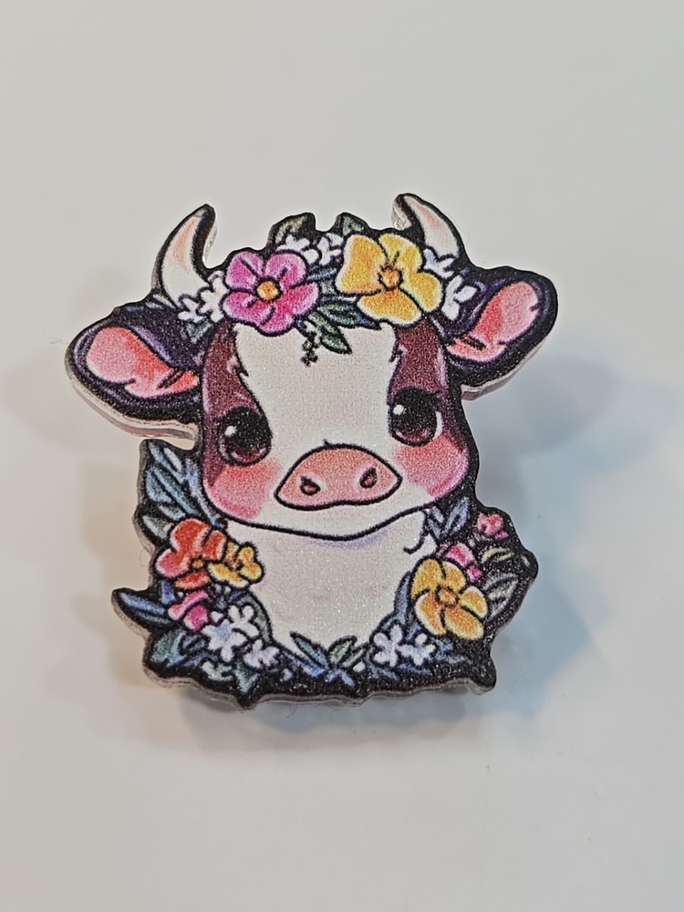 Cute Cow With Flowers Lapel Pin Flat Hard Plastic